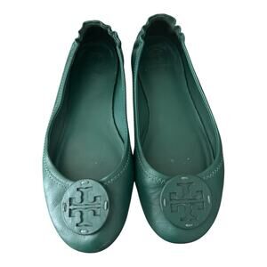Tory Burch Minnie Travel Ballet Flat Green Shoes Size 7.5M Logo
